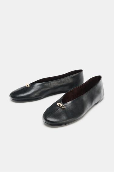 Zara LEATHER BALLET FLATS WITH APPLIQUÉ - Black
