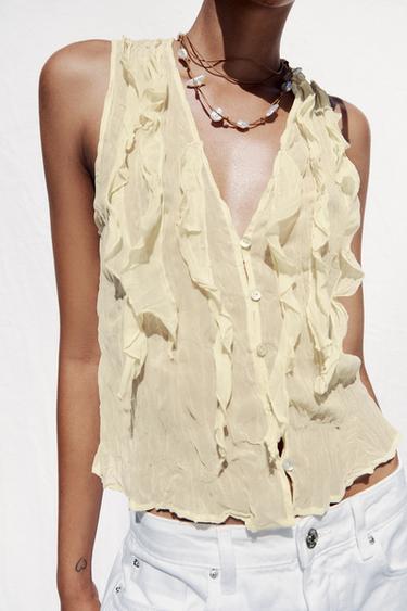 SEMI-SHEER RUFFLED TOP - Light yellow by Zara