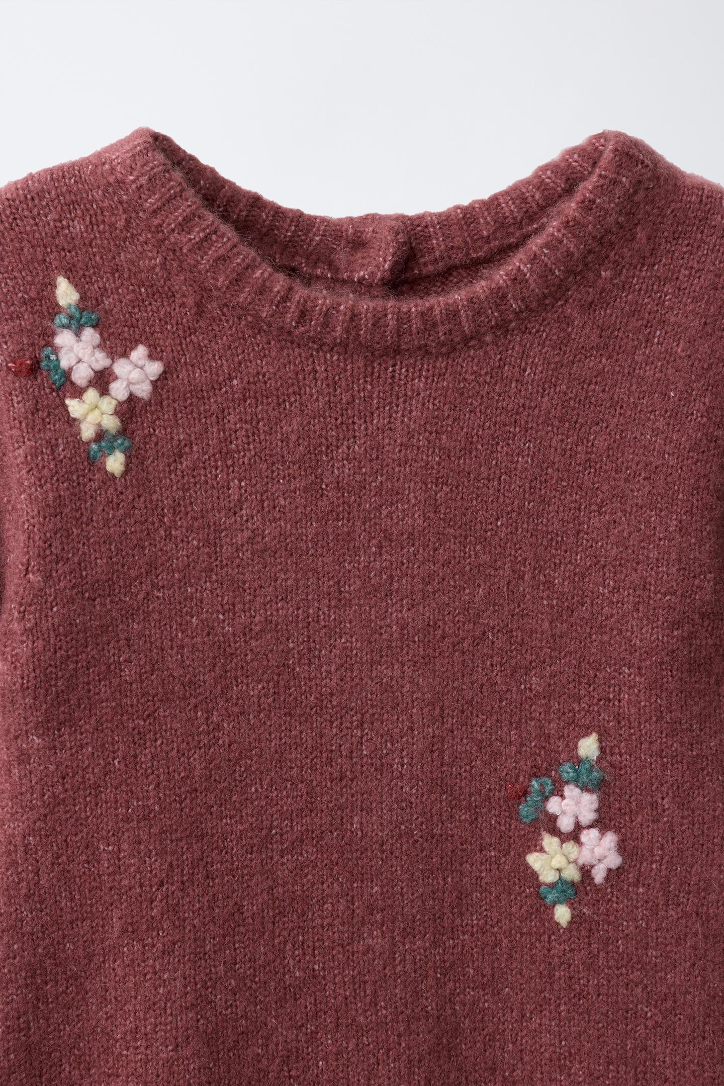 Детский комбинезон Zara Long Knit Romper with Embroidered Flowers, цвет: Тёмный розовый — фото 3