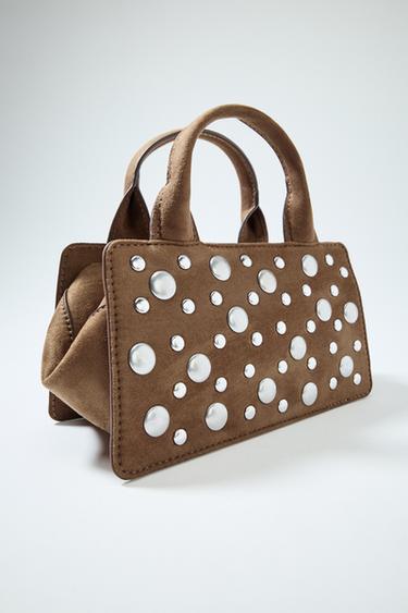 Zara STUDDED SHOULDER BAG - Green