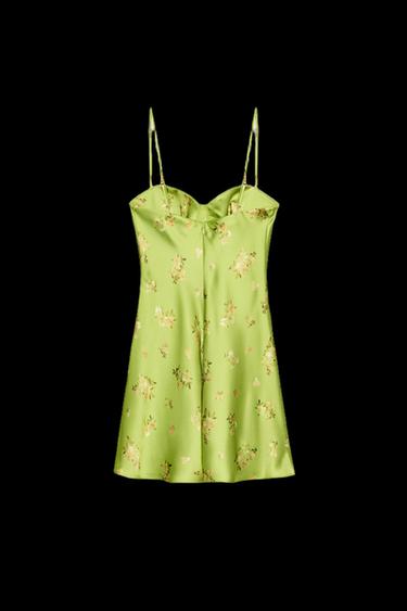 Zara FLORAL SATIN MINI DRESS - Fluorescent lime