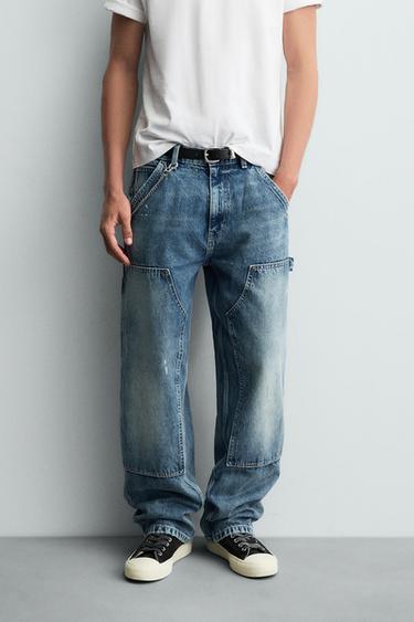 JEANS CARPINTEIRO COM EFEITO DE LAVAGEM - Azul da Zara