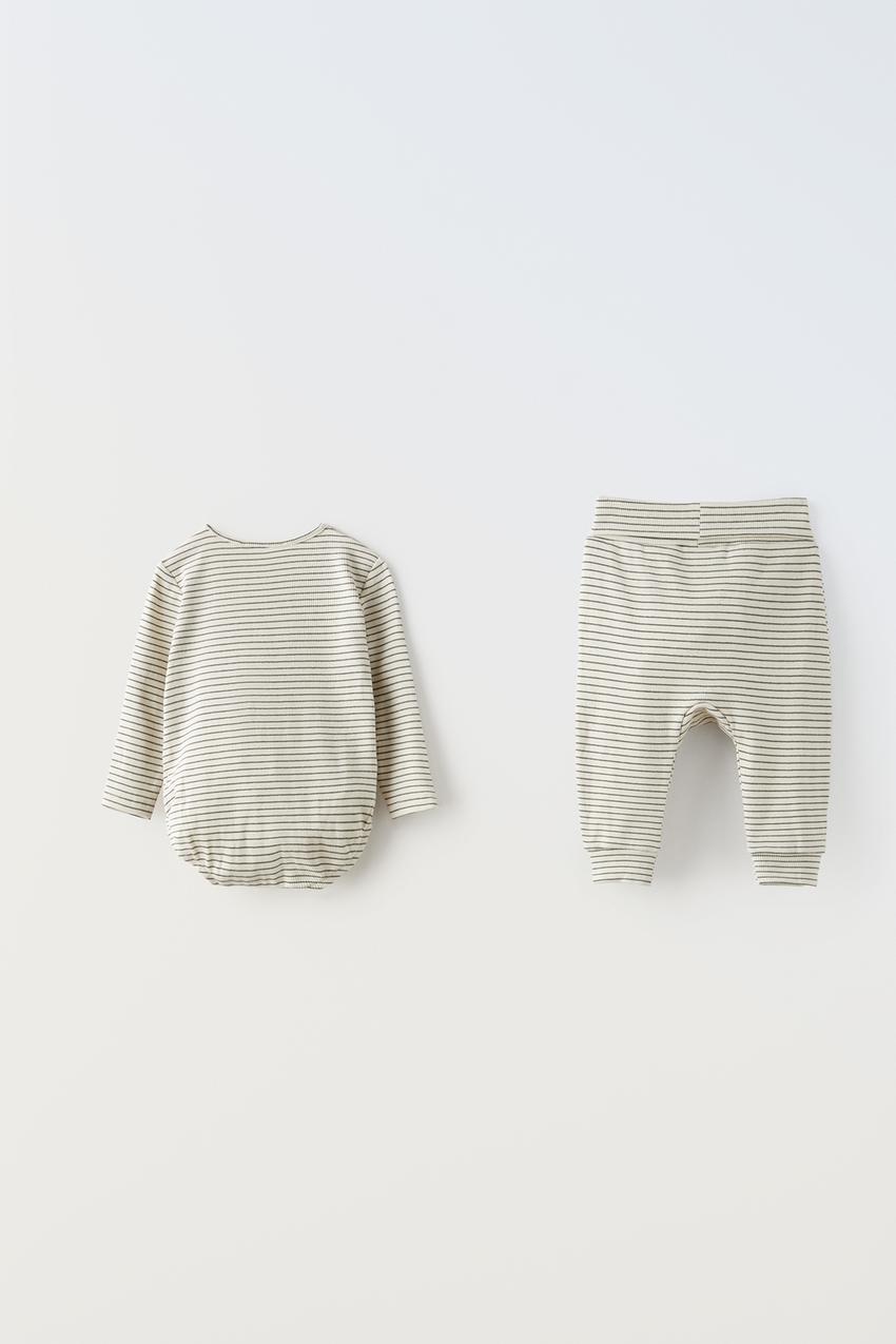 STRIPED RIBBED BODYSUIT AND LEGGINGS PACK - Ecru