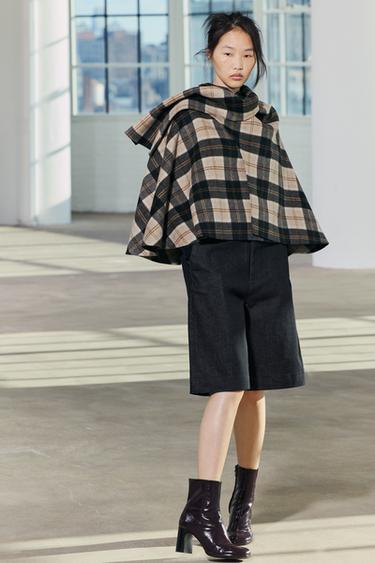 ZW COLLECTION CHECK WOOL CAPE - Ecru / Beige by Zara - Image 3