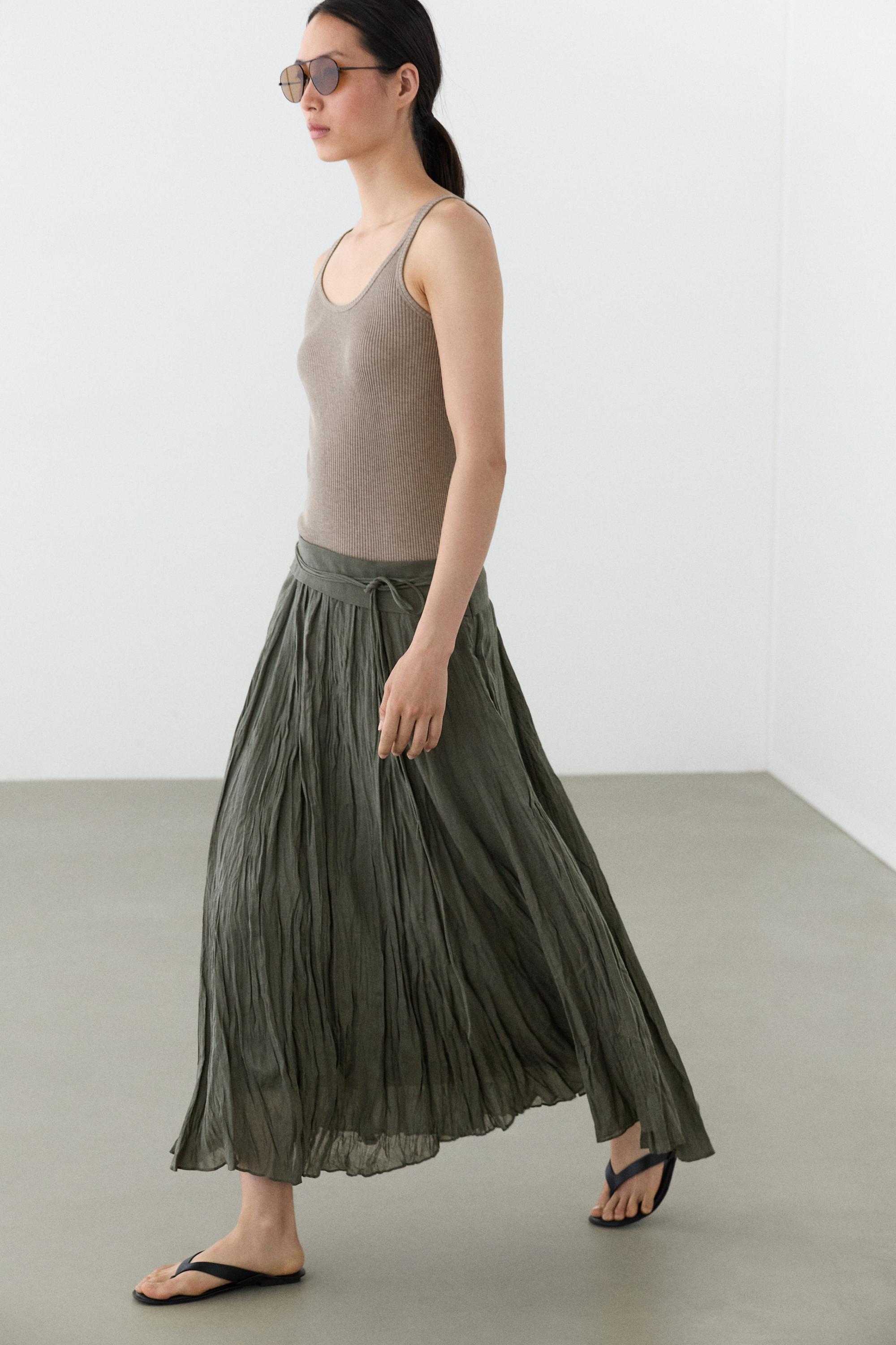Ramie blend midi skirt with gathered detail