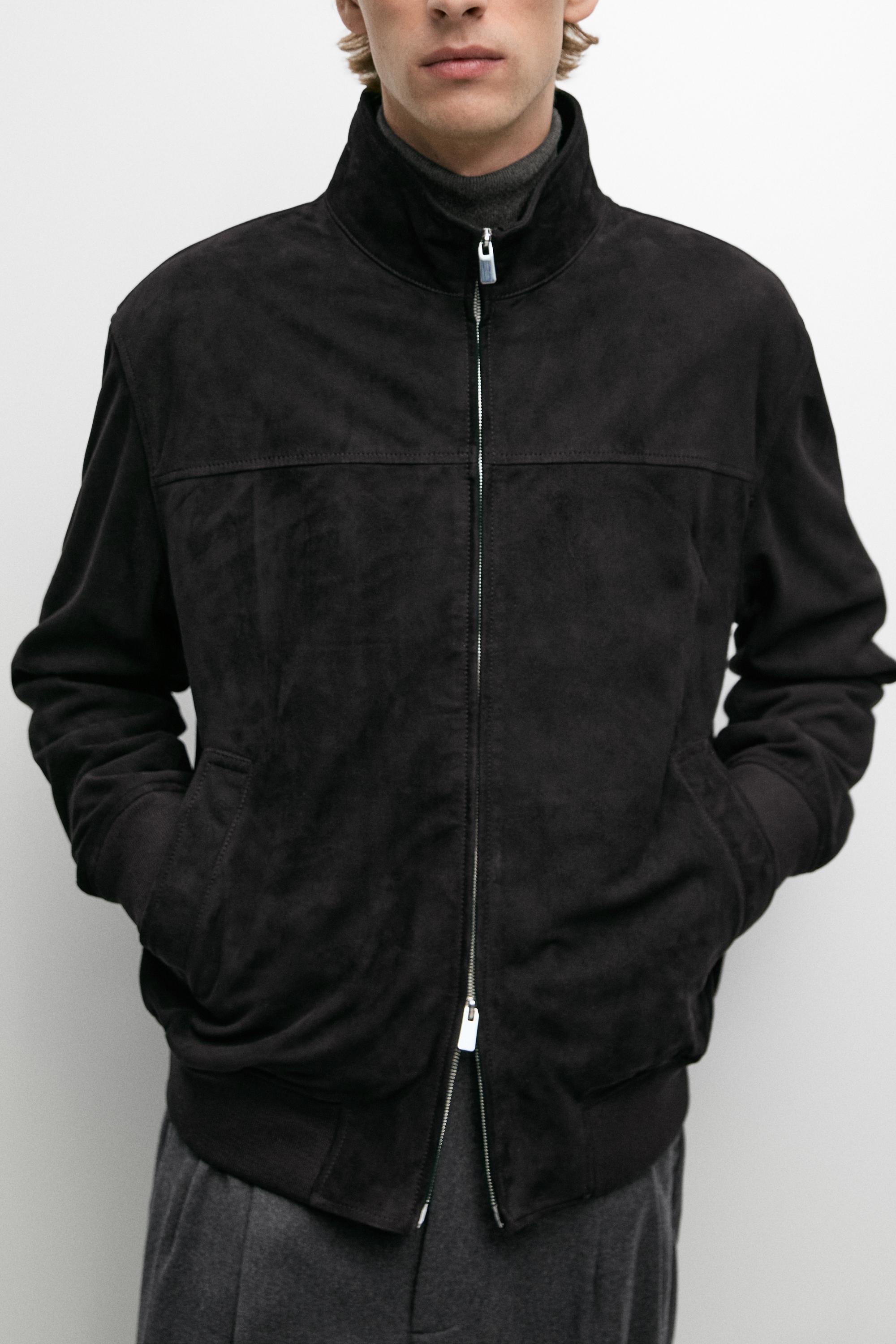 Blouson bomber en cuir et daim