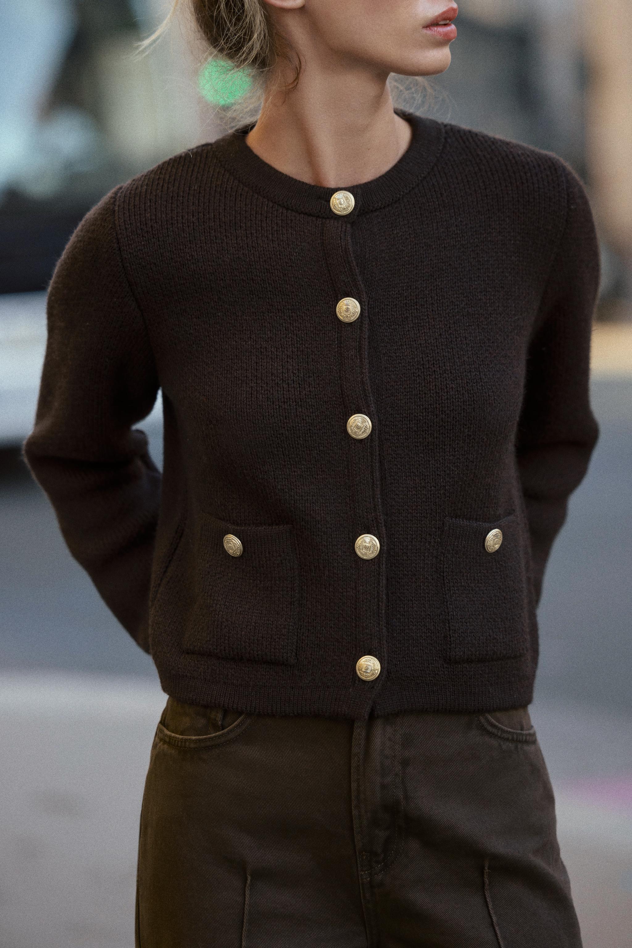 GOLDEN BUTTON KNIT CARDIGAN - Brown | ZARA United States