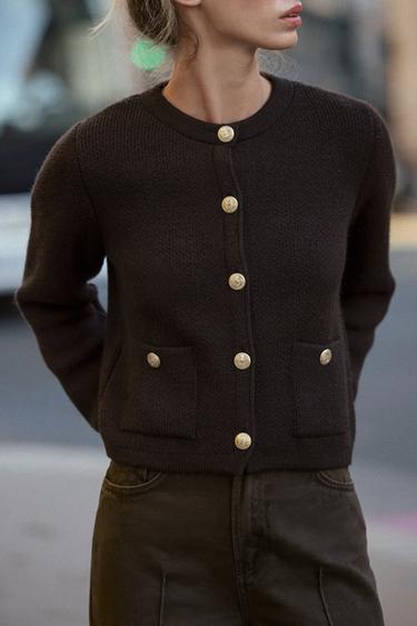 KNIT CARDIGAN WITH GOLDEN BUTTONS - Brown by Zara