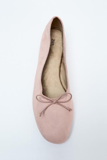 Zara SUEDE BALLET FLATS WITH BOW - Pink