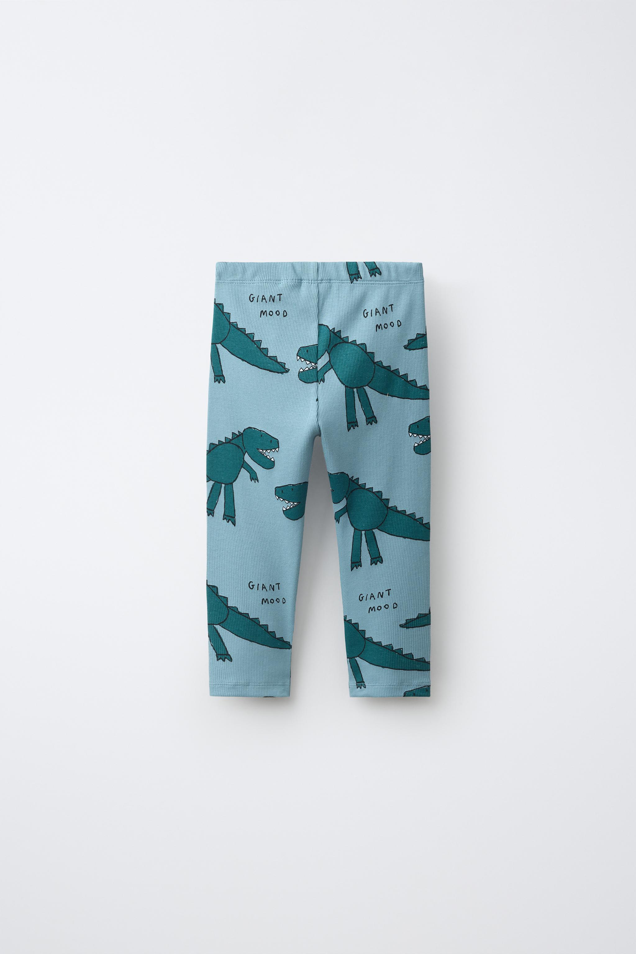 DINOSAUR PRINT RIBBED LEGGINGS — Light blue