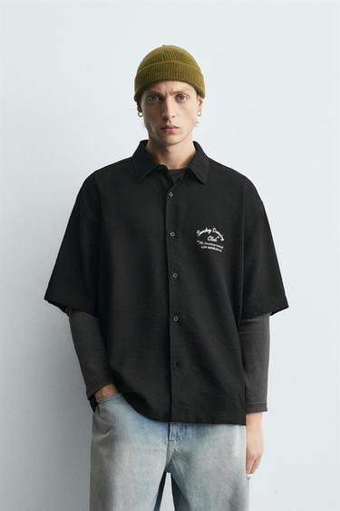 Zara EMBROIDERED FLOWY SHIRT - Black