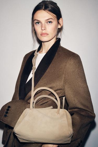 Zara SPLIT LEATHER BOWLING BAG - Ecru