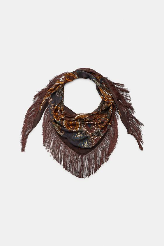 Zara PAISLEY PRINT FRINGED SCARF - Brown - Image 0