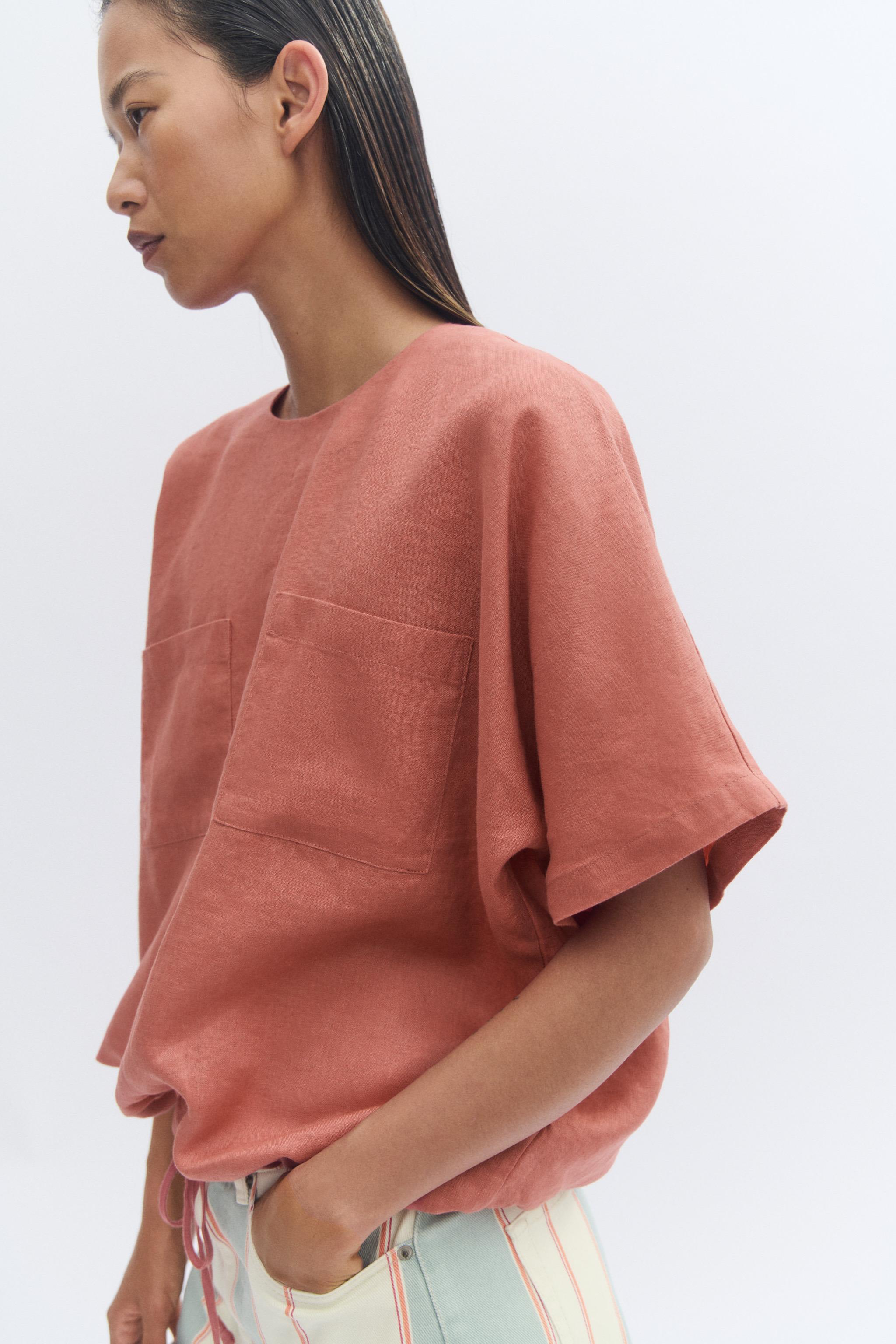 100% LINEN LACED TOP ZW COLLECTION — Coral