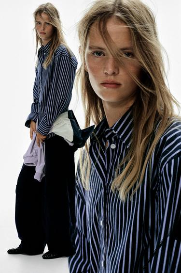 STRIPED OVERSIZED POPLIN SHIRT — Blues 1