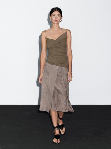 Zara 100% cotton top with asymmetric neckline - Light khaki - Image 0