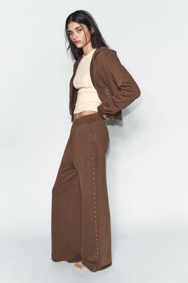 Zara WASHED EFFECT FLEECE PANTS WITH STUDS - Dark brown