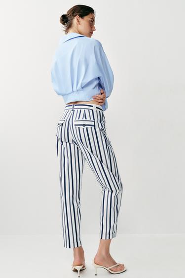 Zara STRIPED CHINO PANTS - Ecru / Navy