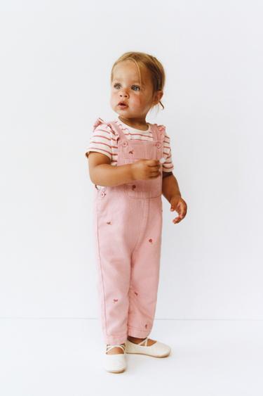 TWILL DUNGAREES WITH EMBROIDERED FLOWERS - Pink by Zara