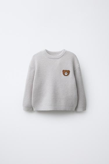 Zara WAFFLE KNIT TEDDY BEAR PATCH SWEATER - Light gray - Image 0