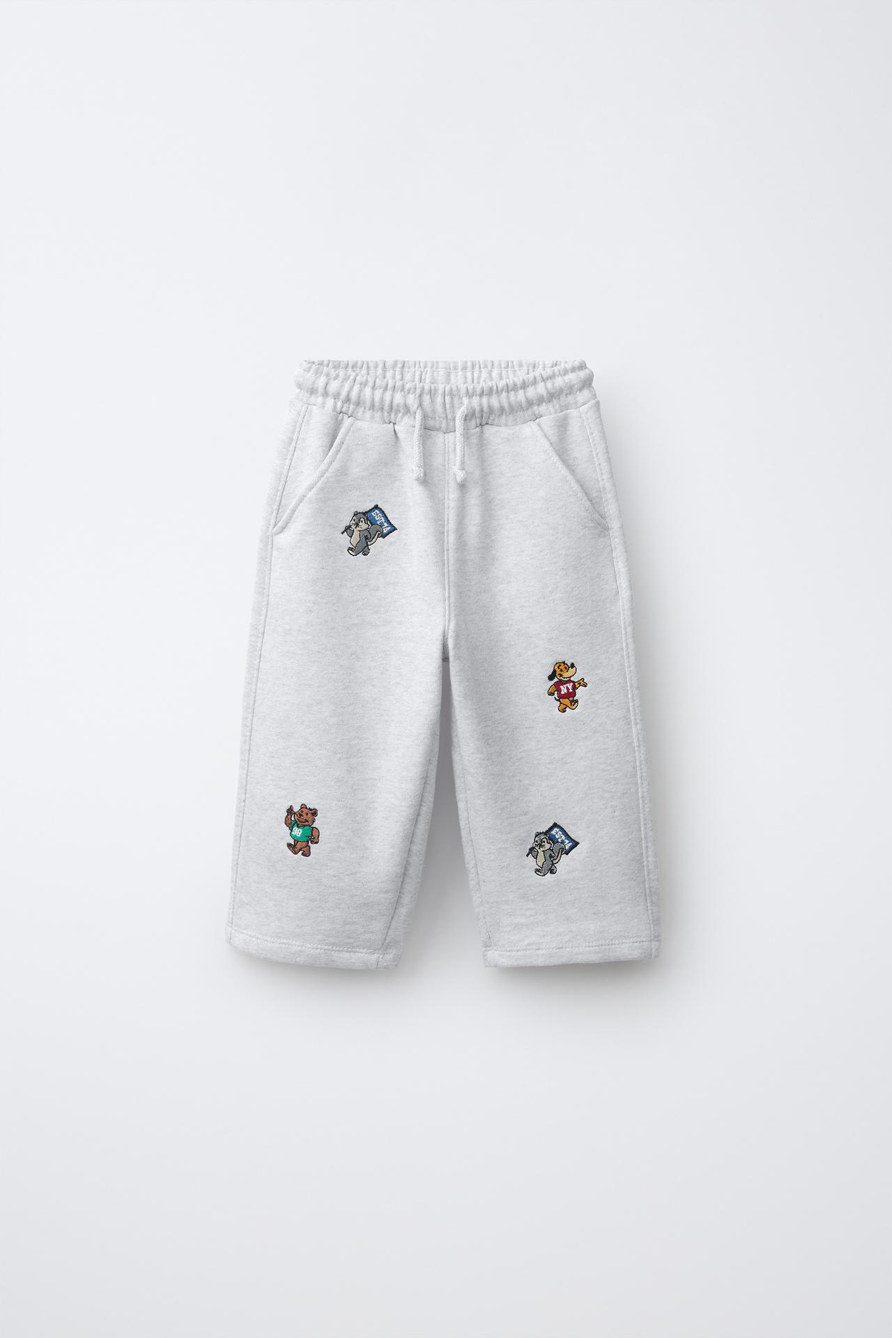 EMBROIDERED ANIMAL PLUSH JOGGERS — Gray marl