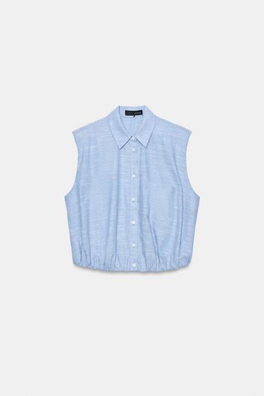 LINEN BLEND PUFF SLEEVE TOP WITH SHOULDER PADS - Light blue by Zara - Image 4