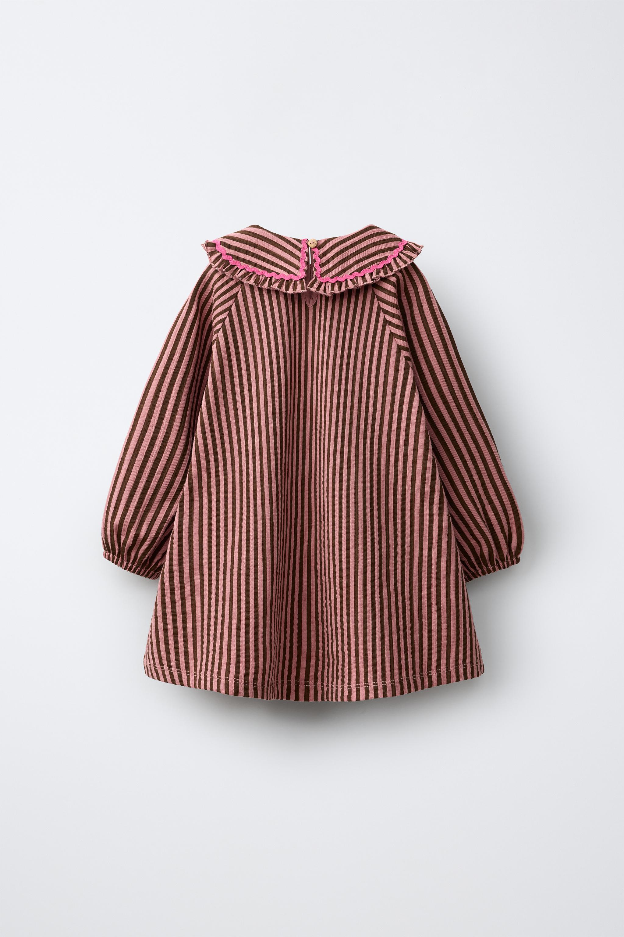 STRIPED PETER PAN COLLAR DRESS — Chocolate