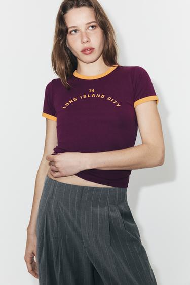 Zara TEXT T-SHIRT - Wine