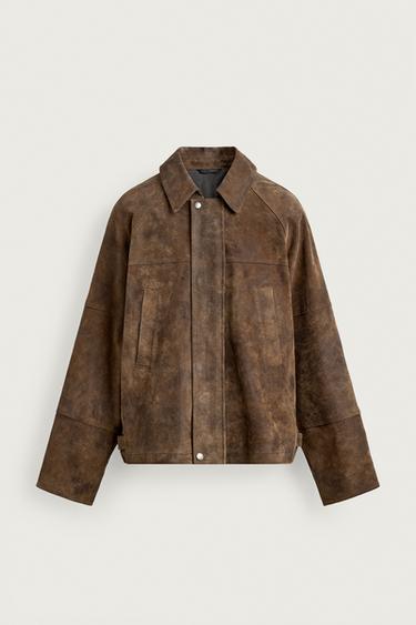 Zara WASHED EFFECT SUEDE JACKET - Brown