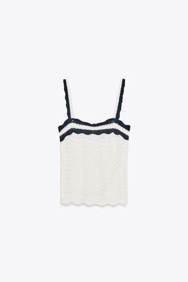 CONTRAST RUFFLE TOP - Ecru / Navy by Zara