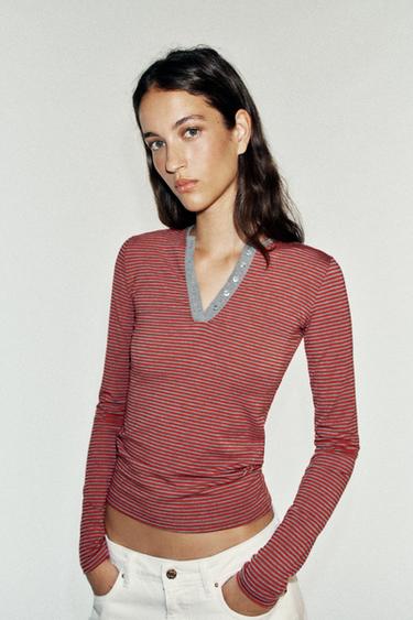 STRIPED HENLEY T-SHIRT — striped 1
