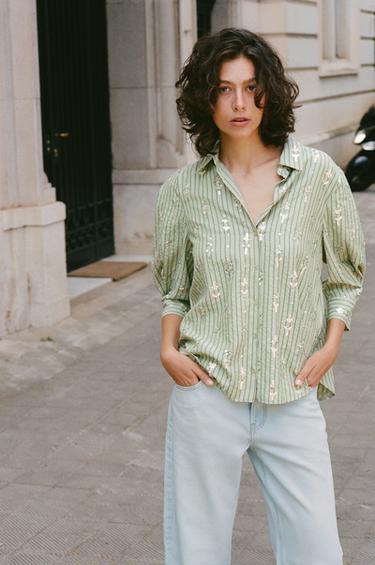 STRIPED SEQUIN SHIRT - Mid-green by Zara - Image 0