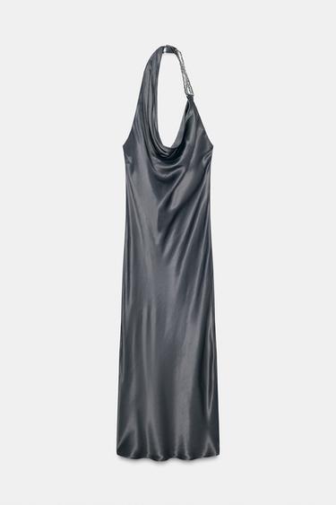 ROBE MIDI SATINÉE ASYMÉTRIQUE FANTAISIE - Gris anthracite de Zara - Image 7