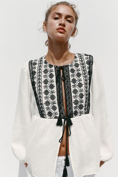 Zara CONTRAST EMBROIDERY JACKET - Black / White