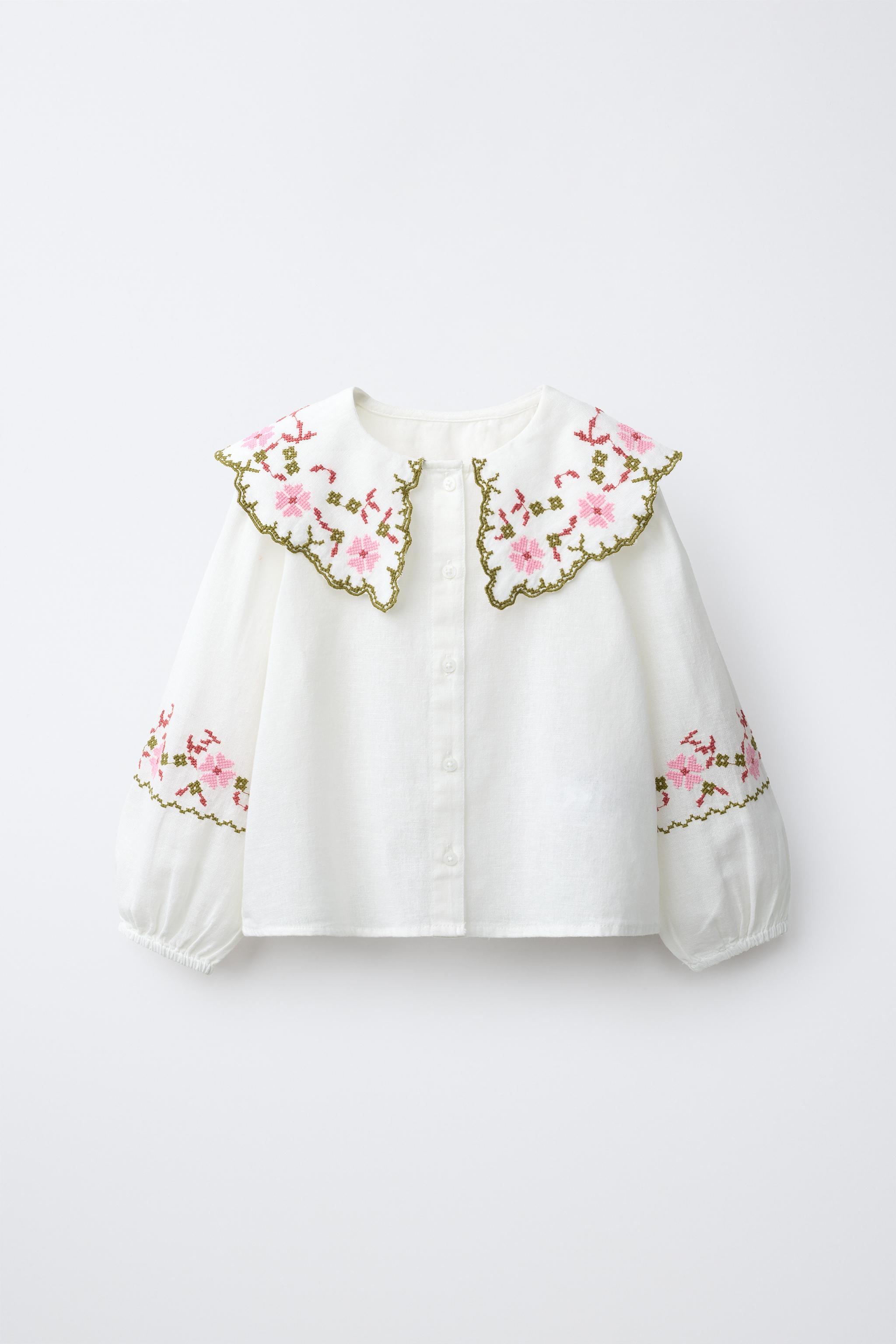 COTTON-LINEN CROSS-STITCH EMBROIDERED SHIRT — Ecru