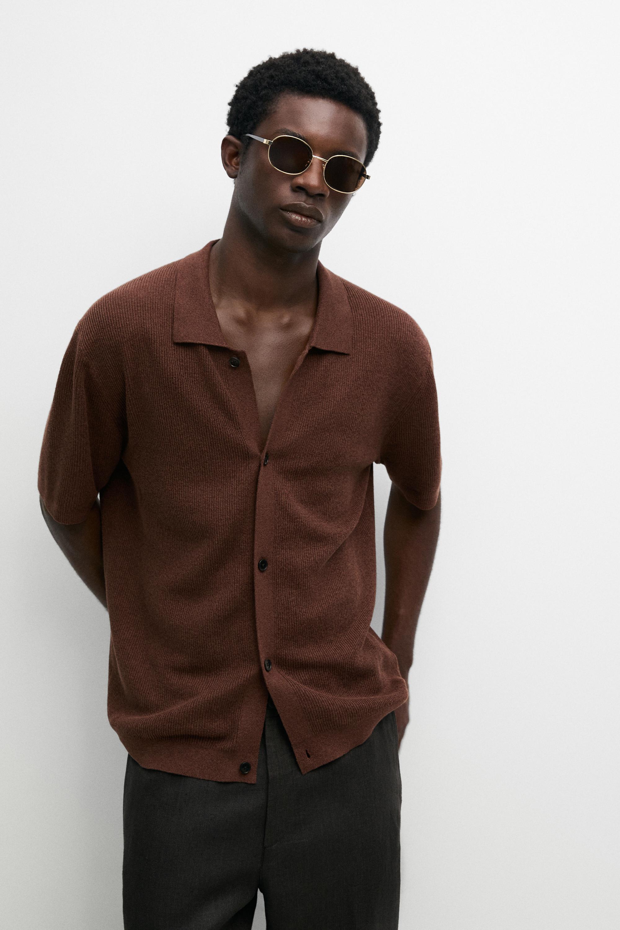 Linen blend knit shirt-collar polo — 