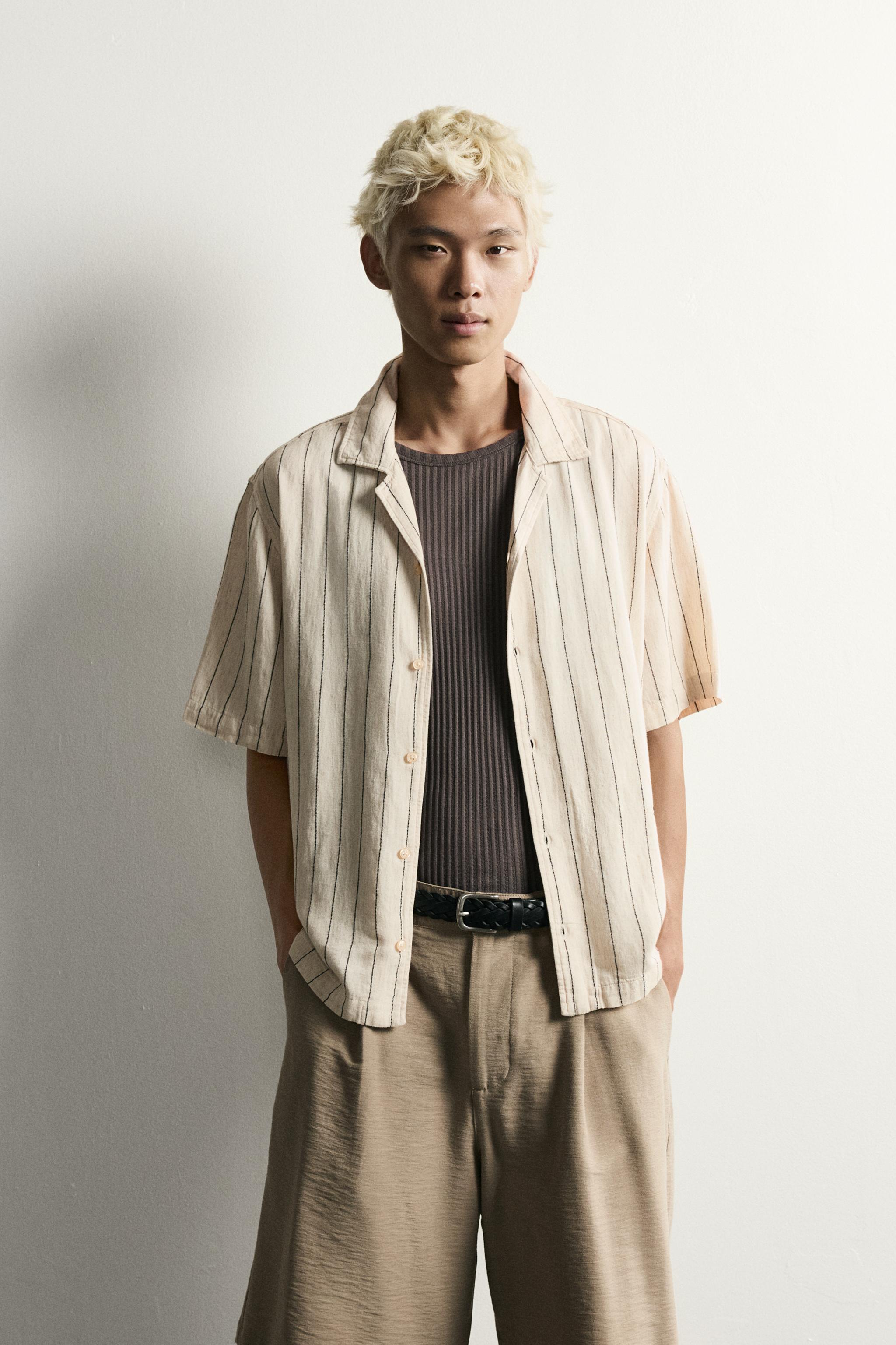 RELAXED FIT EMBROIDERED STRIPE SHIRT — Ecru