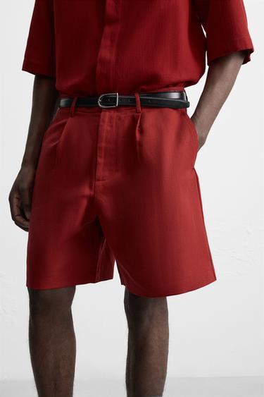 COTTON-LINEN TEXTURED BERMUDA SHORTS - Intense red by Zara - Image 4