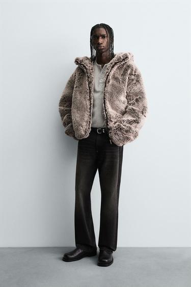 FAUX FUR HOODIE JACKET - Brown / Taupe by Zara
