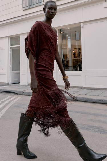 Zara DEVORÉ FRINGED ASYMMETRIC MIDI DRESS - Burgundy