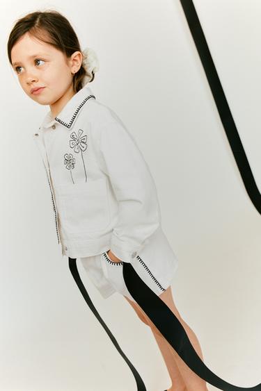 Zara EMBROIDERED FLORAL DENIM JACKET - Oyster-white