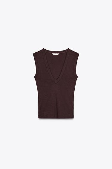 T-SHIRT MIT V-AUSSCHNITT - Dunkelbraun von Zara - Bild 0