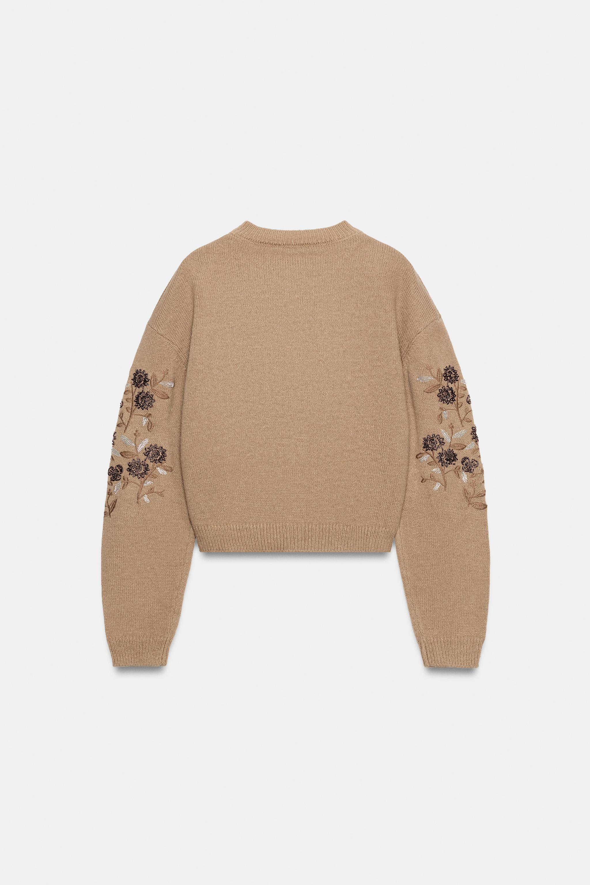 刺繍＆ビーズ付きニットカーディガン - ゴールデンブラウン | ZARA