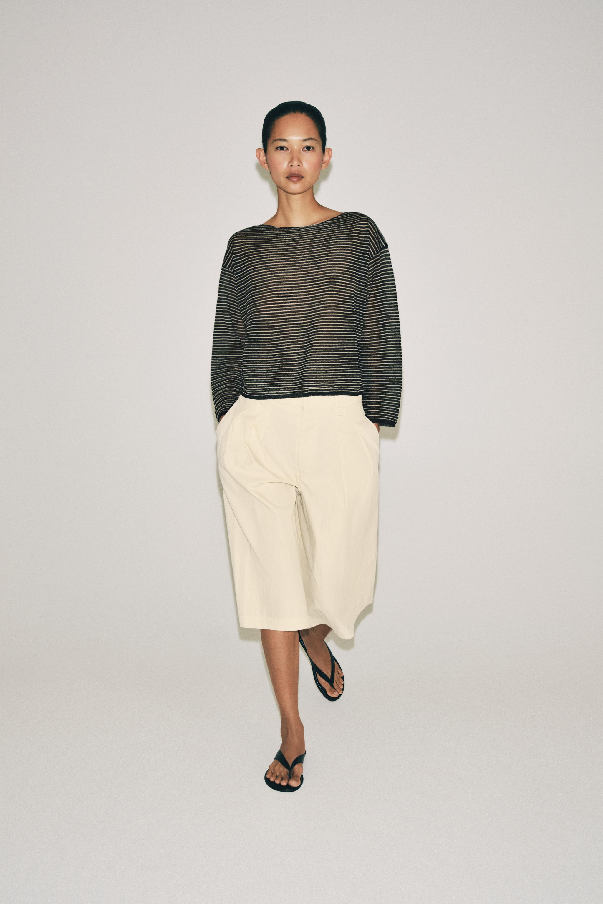 STRIPED FINE KNIT LINEN JUMPER — Black / Ecru