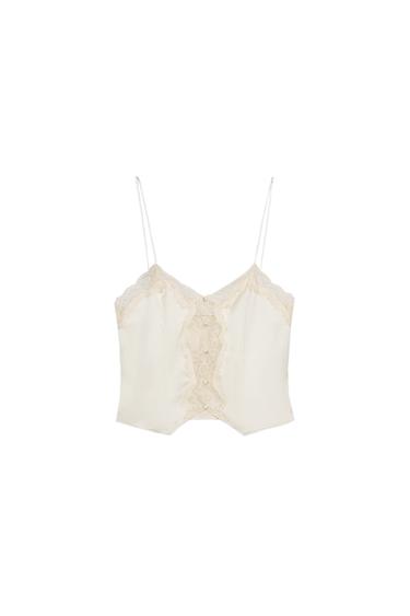 Zara 緞面蕾絲短版上衣 - 黃油色