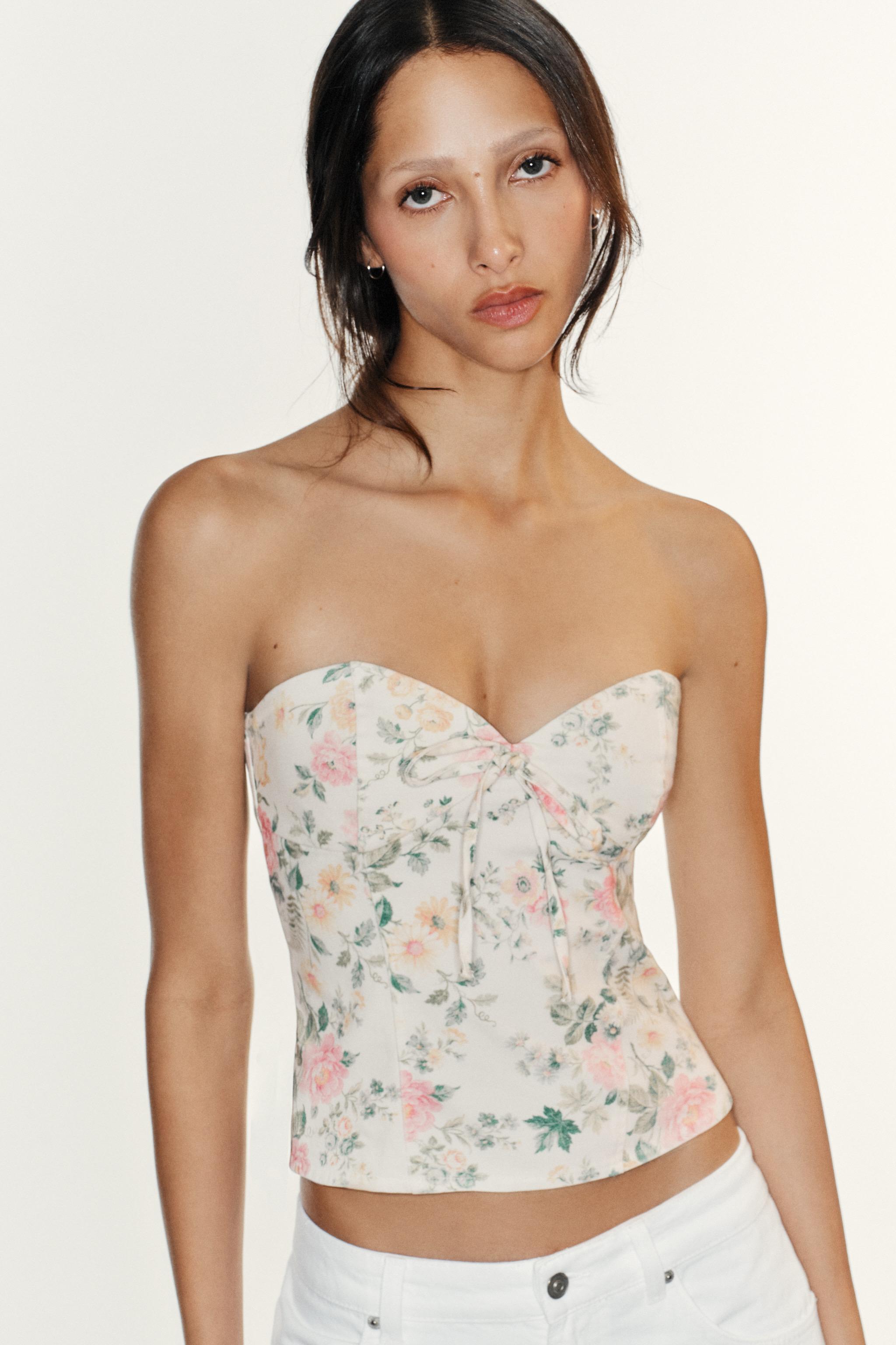 FLORAL BOW CORSET TOP — Oyster-white