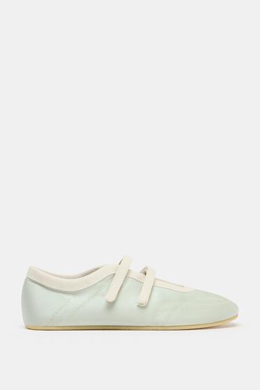 Zara SATIN EFFECT STITCHED BALLET FLATS - Green