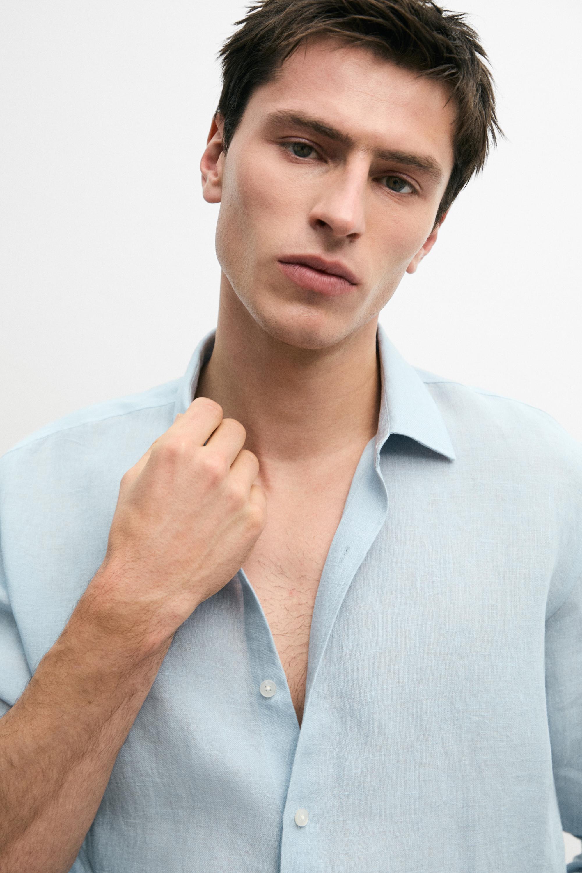 Textured 100% linen regular fit shirt