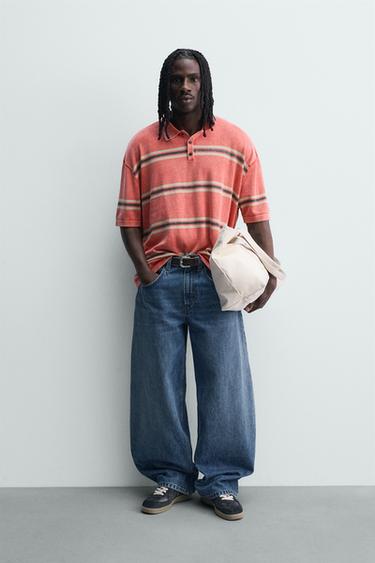 RELAXED FIT STRIPED KNIT POLO SHIRT - Red by Zara - Image 0