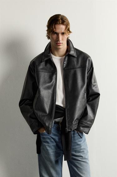 RELAXED-FIT FAUX LEATHER JACKET — Black 1